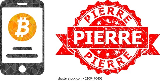 Lowpoly triangulated mobile bitcoin account 2d illustration, and Pierre rubber stamp seal. Red stamp seal includes Pierre tag inside ribbon.
