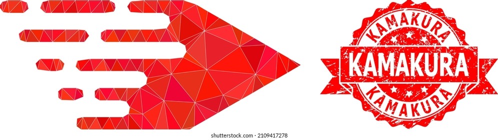 Low-Poly triangulated movement right symbol illustration, and Kamakura corroded stamp. Red stamp contains Kamakura text inside ribbon. Vector movement right icon is filled with triangles.