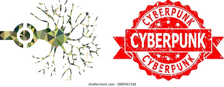 Lowpoly triangulated neuron digital interface military camouflage icon illustration, and Cyberpunk corroded seal imitation. Red stamp has Cyberpunk text inside ribbon.