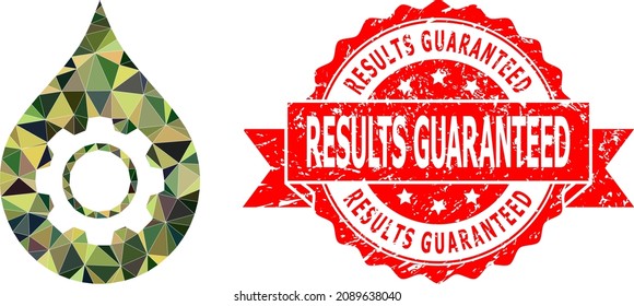 Low-Poly triangulated oil industry gear military camouflage symbol illustration, and Results Guaranteed unclean stamp. Red seal contains Results Guaranteed title inside ribbon.