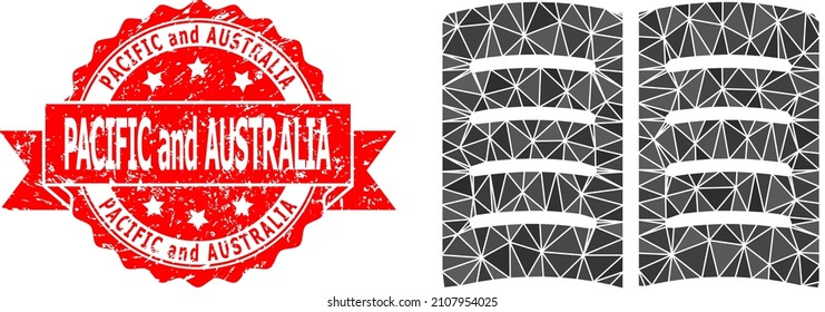 Low-Poly triangulated open book symbol illustration, and Pacific and Australia corroded stamp seal. Red seal contains Pacific and Australia caption inside ribbon.