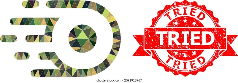 Lowpoly triangulated participle motion military camouflage icon illustration, and Tried corroded stamp seal. Red stamp seal contains Tried tag inside ribbon.