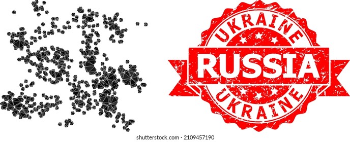 Low-Poly triangulated particle swarm 2d illustration, and Ukraine Russia corroded stamp. Red stamp contains Ukraine Russia text inside ribbon. Vector particle swarm icon filled with triangles.