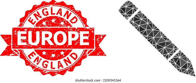Low-Poly triangulated pencil icon illustration, and England Europe corroded watermark. Red stamp has England Europe tag inside ribbon. Vector pencil icon is filled with triangles.