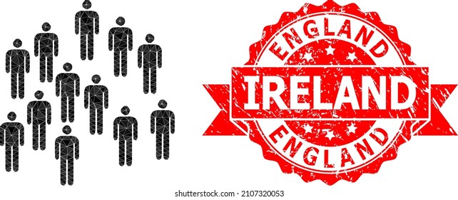 Low-Poly triangulated people crowd 2d illustration, and England Ireland textured seal imitation. Red stamp seal includes England Ireland text inside ribbon.