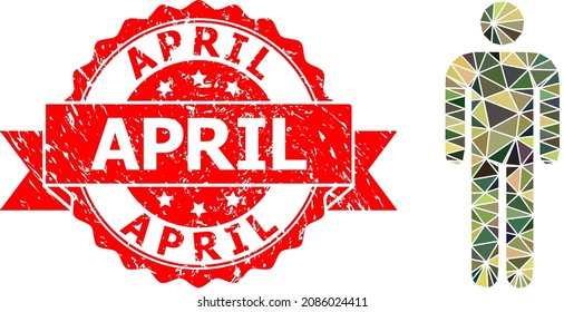 Low-Poly triangulated person military camouflage icon illustration, and April scratched seal imitation. Red stamp seal has April text inside ribbon.