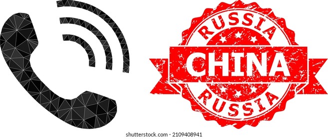 Ilustración de iconos de llamadas trianguladas por teléfonos de bajo contenido polaco, y impresión de sellos impuros por parte de Rusia en China. El sello rojo incluye la leyenda de Rusia China dentro de la cinta. El icono de llamada de teléfono vector se rellena utilizando triángulos.