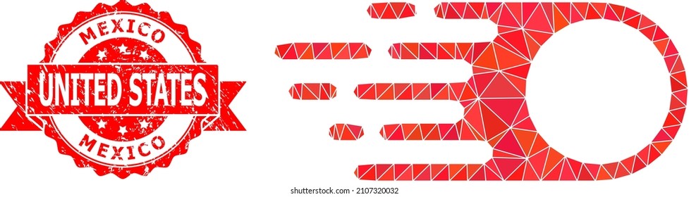 Ilustración de icono de vuelo de fotones triangulados de baja polilla y sello de goma de Estados Unidos de México. El sello rojo tiene la leyenda de Estados Unidos de México dentro de la cinta.