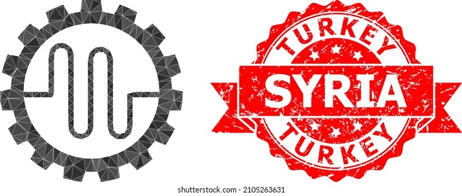 Ilustración del símbolo de la cerradura del servicio de tubería triangulada de baja densidad y Turquía imprimen sellos sucios a Siria. El sello rojo contiene el título de Turquía Siria dentro de la cinta.