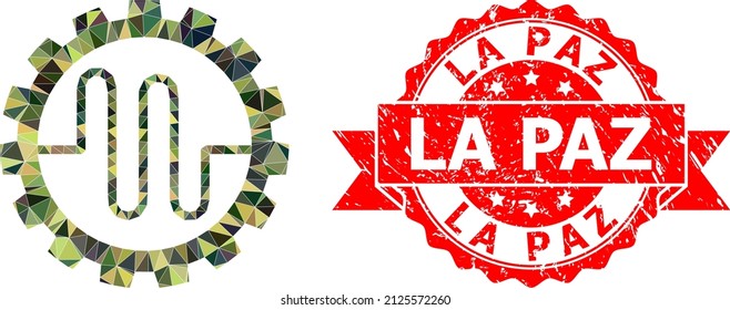 Lowpoly triangulated pipe service cog military camouflage icon illustration, and La Paz scratched seal print. Red seal contains La Paz tag inside ribbon.