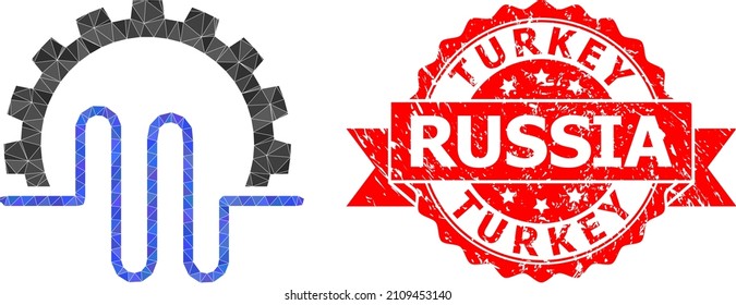 Low-Poly triangulated pipe service gear icon illustration, and Turkey Russia rubber seal imitation. Red seal contains Turkey Russia caption inside ribbon.