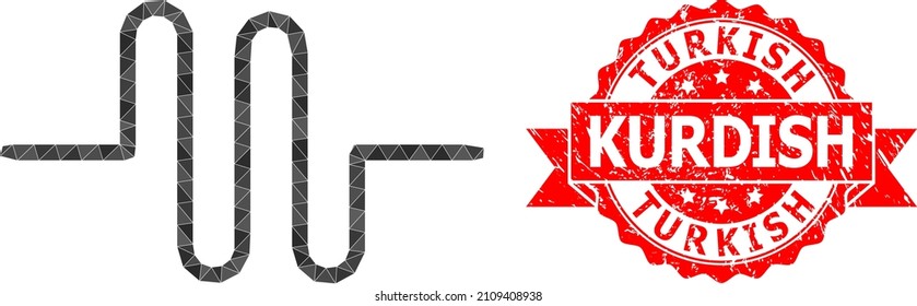 Lowpoly triangulated pipeline symbol illustration, and Turkish Kurdish scratched seal print. Red stamp seal has Turkish Kurdish text inside ribbon. Vector pipeline icon is filled using triangles.