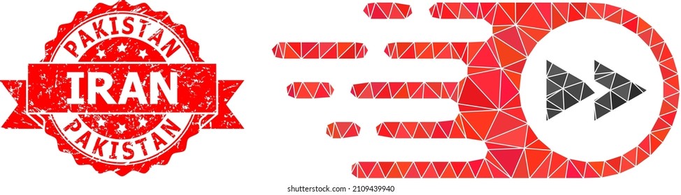 Low-Poly-triangulated Play-Vorwärtssymbolabbildung und Pakistan Iran Gummi Robbendruck. Rote Stempelrobbe schließt Pakistan Iran-Anhänger in Band ein. Vektorgrafik spielt mit Dreiecken nach vorne.