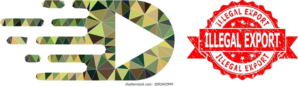 Low-Poly triangulated play function military camouflage icon illustration, and Illegal Export corroded seal imitation. Red seal includes Illegal Export tag inside ribbon.