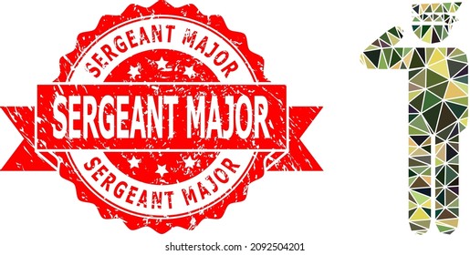 Low-Poly triangulated police officer military camouflage symbol illustration, and Sergeant Major scratched seal imitation. Red stamp seal includes Sergeant Major text inside ribbon.