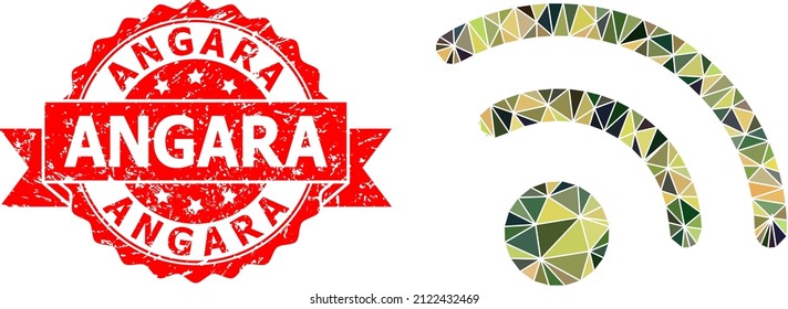 Low-Poly triangulated radio signal military camouflage icon illustration, and Angara rubber seal print. Red seal has Angara text inside ribbon.