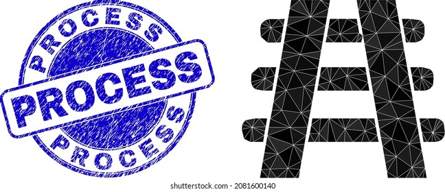 Lowpoly triangulated railroad icon illustration, and Process unclean seal. Blue seal has Process title inside round shape. Railroad icon is filled with triangles.