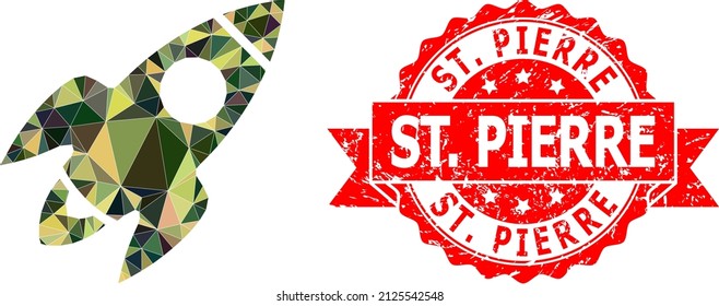 Lowpoly triangulated rocket flight military camouflage icon illustration, and St. Pierre scratched seal print. Red stamp contains St. Pierre tag inside ribbon.