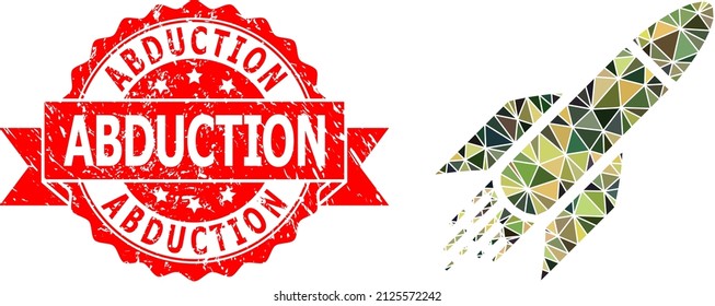 Lowpoly triangulated rocket military camouflage icon illustration, and Abduction scratched stamp seal. Red stamp seal includes Abduction text inside ribbon.