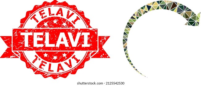 Lowpoly triangulated rotate forward military camouflage 2d illustration, and Telavi unclean stamp. Red stamp seal has Telavi caption inside ribbon.