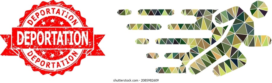 Lowpoly triangulated running man military camouflage icon illustration, and Deportation rubber stamp. Red stamp contains Deportation text inside ribbon.