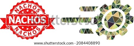 Lowpoly triangulated rush gear military camouflage icon illustration, and Nachos scratched stamp seal. Red stamp contains Nachos text inside ribbon.