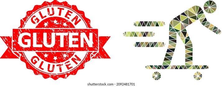 Lowpoly triangulated scate roller man military camouflage symbol illustration, and Gluten grunge stamp. Red stamp seal includes Gluten caption inside ribbon.