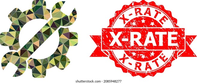 Low-Poly triangulated service tool military camouflage icon illustration, and X-Rate unclean watermark. Red seal includes X-Rate title inside ribbon.