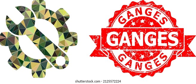 Lowpoly triangulated service tools military camouflage icon illustration, and Ganges textured stamp seal. Red stamp seal has Ganges text inside ribbon.