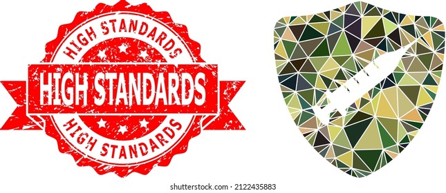 Low-Poly Triangulated Shield Vaccine Military Camouflage Icon Illustration, And High Standards Unclean Watermark. Red Seal Contains High Standards Caption Inside Ribbon.