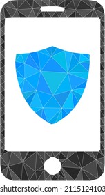 Low-Poly triangulated smartphone shield icon illustration. Vector smartphone shield icon is filled using triangle mosaic. Low-poly smartphone shield is constructed from chaotic triangles.