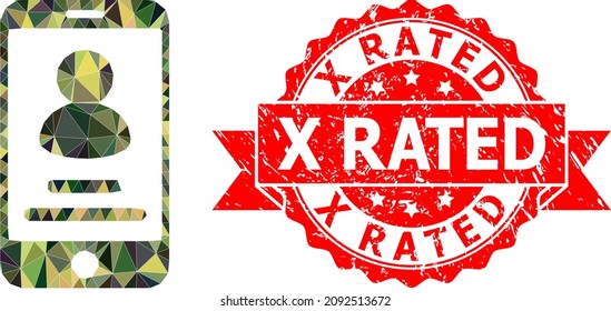 Low-Poly triangulated smartphone user info military camouflage symbol illustration, and X Rated rubber stamp seal. Red stamp includes X Rated caption inside ribbon.
