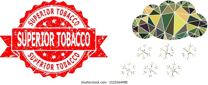 Low-Poly triangulated snow cloud military camouflage 2d illustration, and Superior Tobacco scratched stamp seal. Red stamp seal contains Superior Tobacco title inside ribbon.