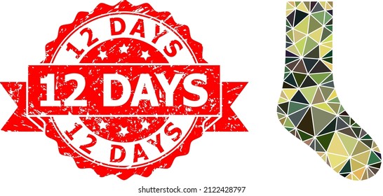 Low-Poly triangulated sock military camouflage symbol illustration, and 12 Days rubber stamp seal. Red seal includes 12 Days caption inside ribbon.