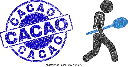 Low-Poly triangulated spoon courier icon illustration, and CACAO grunge stamp seal. Blue seal includes Cacao text inside round shape. Spoon courier icon is filled with triangles.