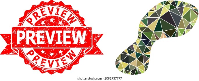 Low-Poly triangulated spot military camouflage 2d illustration, and Preview corroded stamp. Red stamp has Preview tag inside ribbon. Vector spot icon is filled using camouflage triangle mosaic.