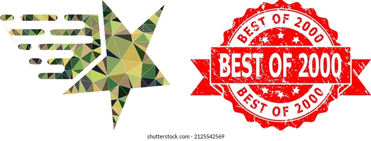 Low-Poly triangulated star military camouflage symbol illustration, and Best of 2000 grunge stamp. Red stamp seal has Best of 2000 tag inside ribbon. Vector star icon filled with camouflage triangles.