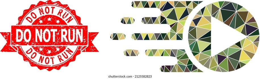 Lowpoly triangulated start play military camouflage icon illustration, and Do Not Run corroded seal print. Red stamp seal includes Do Not Run title inside ribbon.