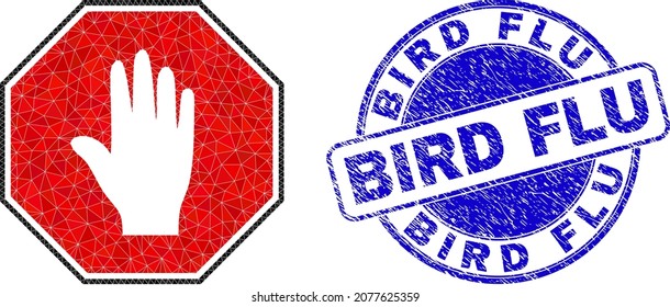 Lowpoly triangulated stop hand octagon 2d illustration, and Bird Flu textured seal imitation. Blue stamp seal has Bird Flu tag inside round shape. Stop hand octagon icon filled with triangles.
