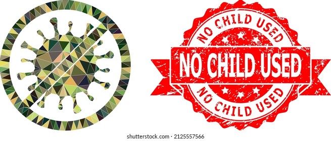 Lowpoly triangulated stop microbe military camouflage icon illustration, and No Child Used unclean watermark. Red seal has No Child Used title inside ribbon.