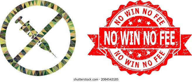 Low-Poly triangulated stop vaccine military camouflage 2d illustration, and No Win No Fee corroded stamp seal. Red stamp seal includes No Win No Fee text inside ribbon.