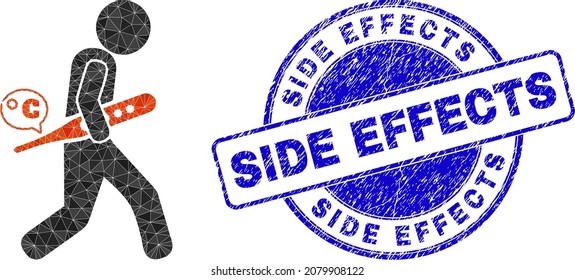Low-Poly triangulated temperature patient 2d illustration with SIDE EFFECTS textured stamp seal. Blue stamp contains Side Effects title inside circle it.