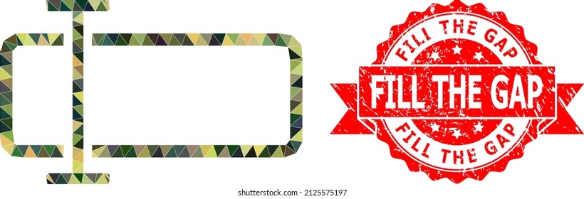 Low-Poly triangulated text field military camouflage symbol illustration, and Fill the Gap rubber seal imitation. Red stamp seal includes Fill the Gap text inside ribbon.