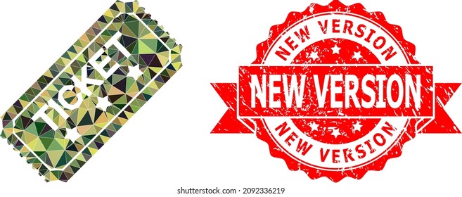 Low-Poly triangulated ticket military camouflage 2d illustration, and New Version dirty stamp seal. Red stamp seal has New Version text inside ribbon.