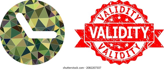 Lowpoly triangulated time military camouflage icon illustration, and Validity unclean seal imitation. Red seal contains Validity tag inside ribbon. Vector time icon filled with camouflage triangles.