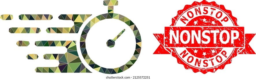 Low-Poly triangulated time tracker military camouflage symbol illustration, and Nonstop corroded seal imitation. Red seal has Nonstop title inside ribbon.