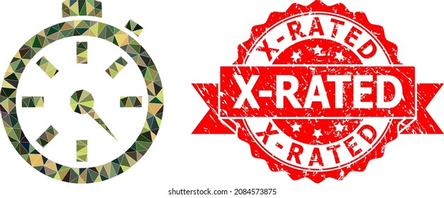 Low-Poly triangulated timer military camouflage icon illustration, and X-Rated dirty stamp seal. Red stamp seal has X-Rated caption inside ribbon.