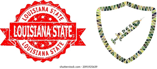 Lowpoly triangulated vaccine shield military camouflage icon illustration, and Louisiana State rubber stamp seal. Red stamp has Louisiana State text inside ribbon.