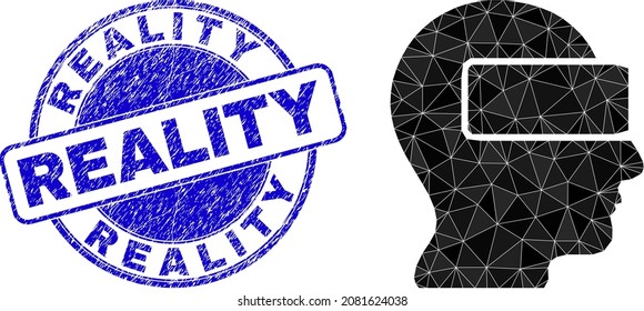 Low-Poly-triangulierte virtuelle Realität Symbol-Illustration mit Reality strukturierten Robbendruck. Das blaue Siegel enthält Reality-Tag in seiner Umlaufbahn. Das Symbol der virtuellen Realität ist voller Dreiecke.