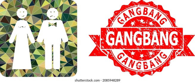 Low-Poly triangulated wedding emotions military camouflage symbol illustration, and Gangbang rubber seal print. Red stamp includes Gangbang caption inside ribbon.